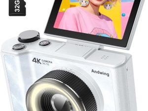 Andwing Built-in Ring Light 4K 64MP Camera, 180° Rotatable Screen Vlogging & Selfie Camera, WiFi Flash Anti-Shake with Batteries & 32GB SD Card