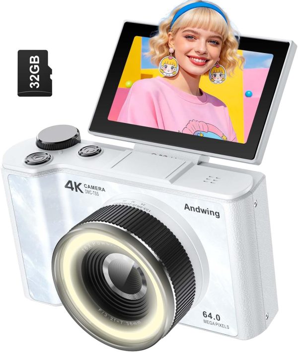 Andwing Built-in Ring Light 4K 64MP Camera, 180° Rotatable Screen Vlogging & Selfie Camera, WiFi Flash Anti-Shake with Batteries & 32GB SD Card